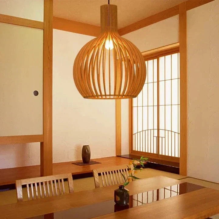 Vintage Wooden Pendant Lamp with Adjustable Height and LED Lighting