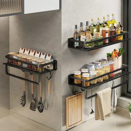 Wall Mounted Kitchen Rack with Spice Shelf and Hook Bar