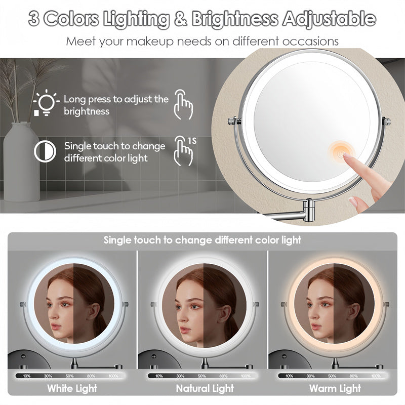 Wall Mounted Rechargeable LED Shaving Mirror with 1X/10X Magnification