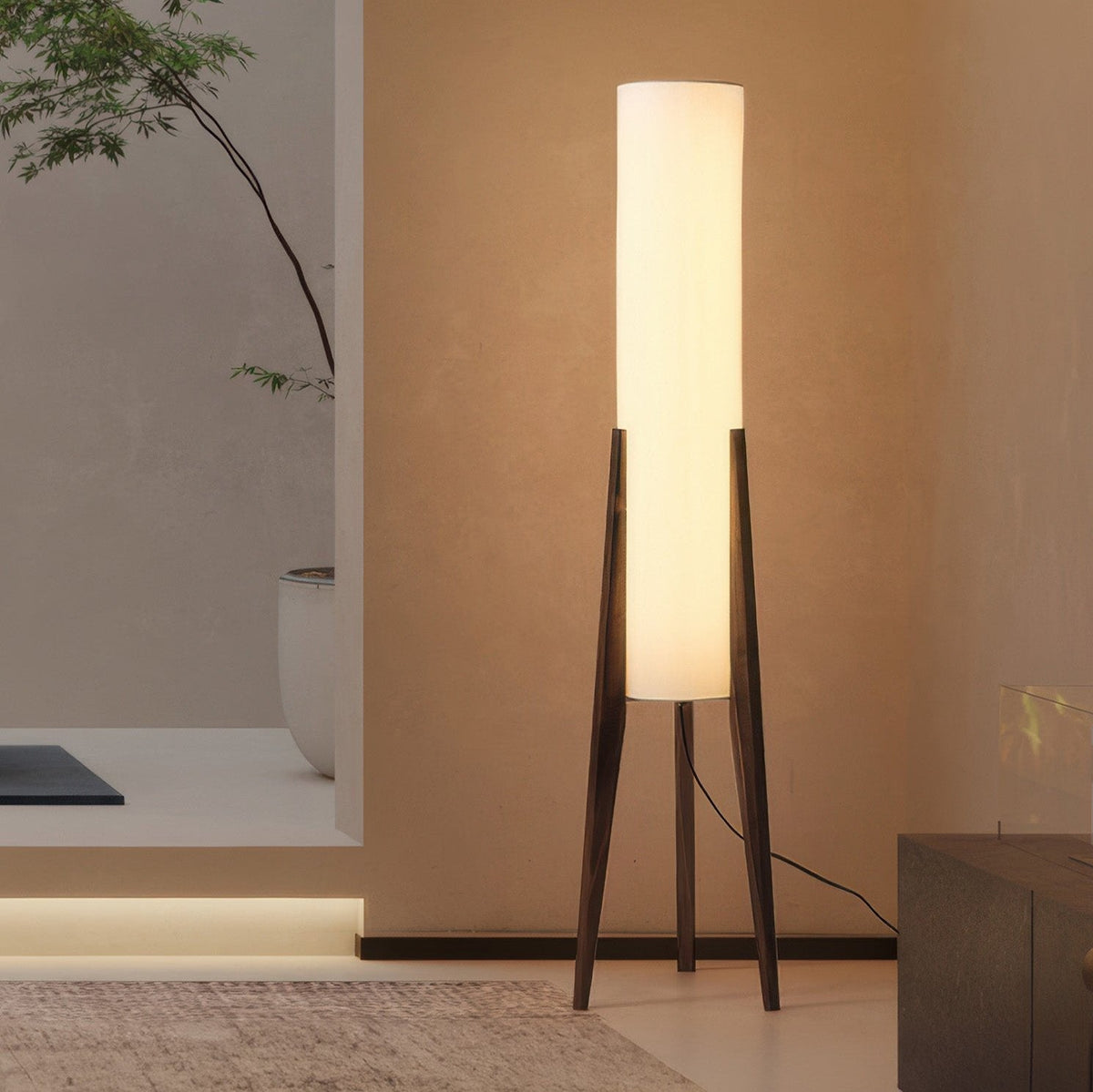 Walnut Floor Lamp with Fabric Shade and Warm Ambient Lighting