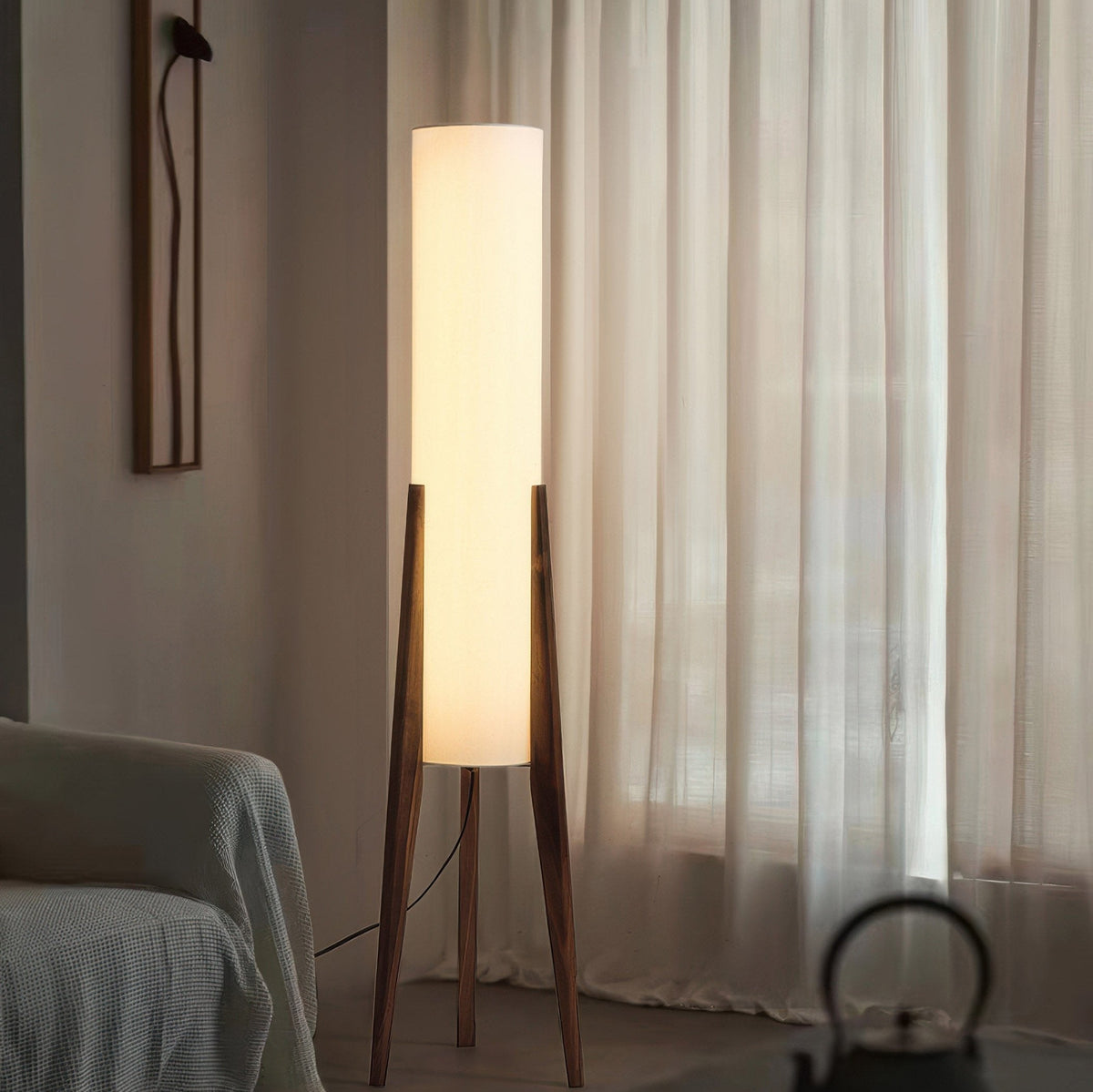 Walnut Floor Lamp with Fabric Shade and Warm Ambient Lighting