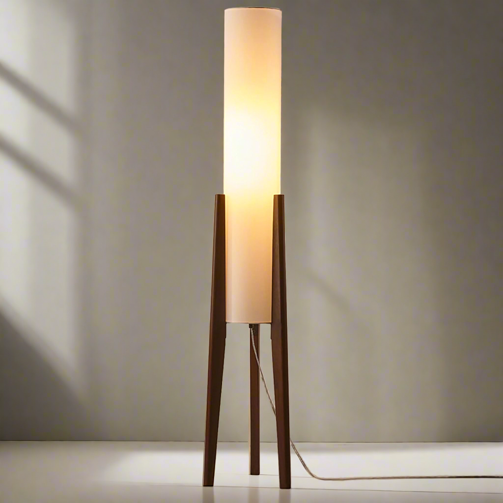 Walnut Floor Lamp with Fabric Shade and Warm Ambient Lighting