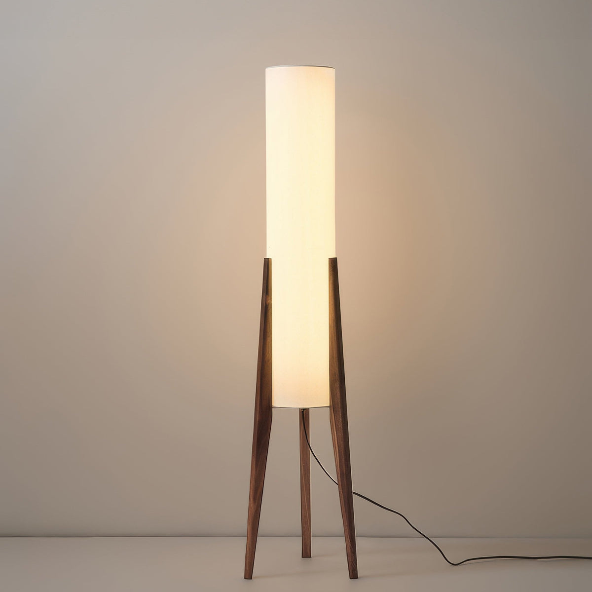 Walnut Floor Lamp with Fabric Shade and Warm Ambient Lighting