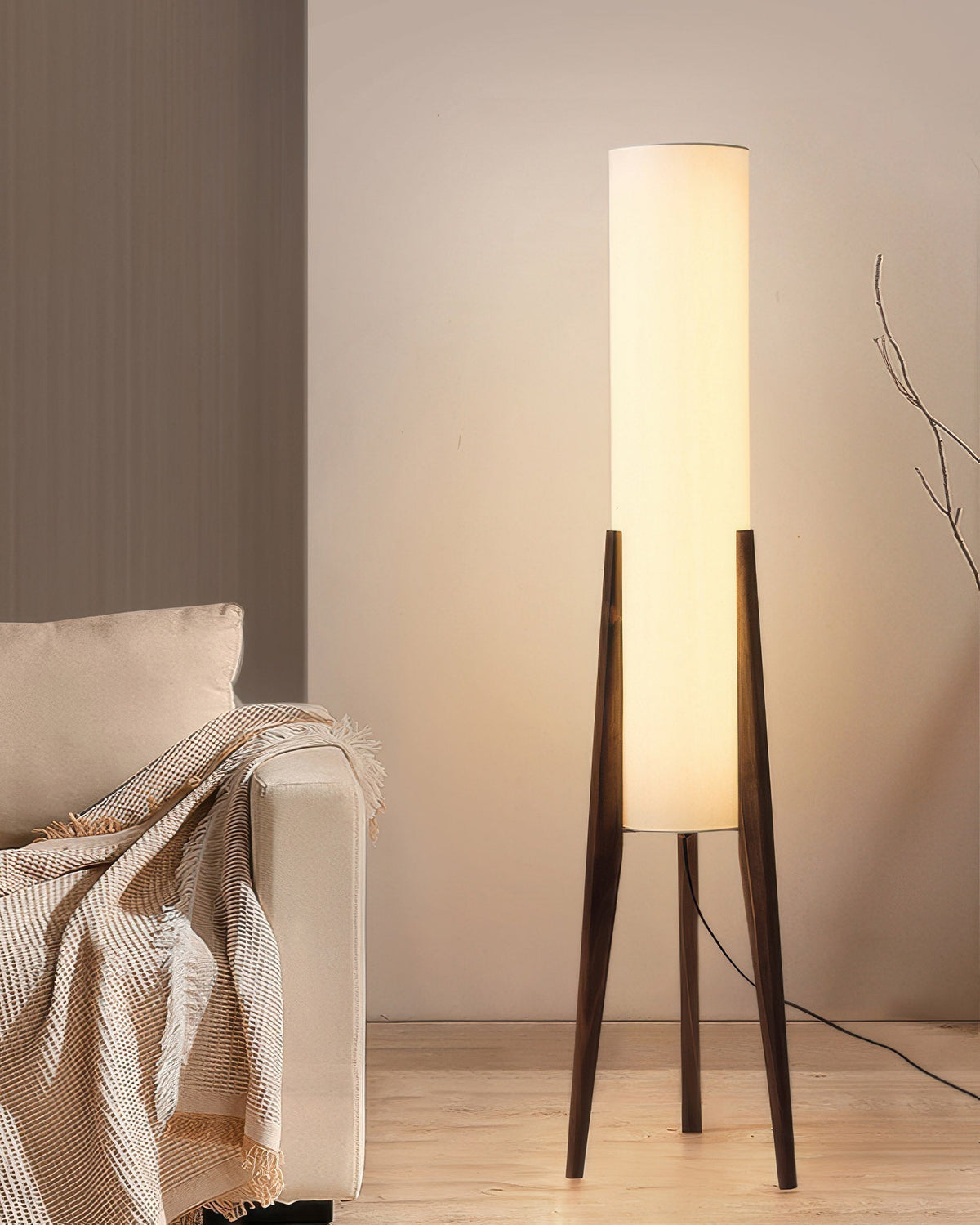 Walnut Floor Lamp with Fabric Shade and Warm Ambient Lighting