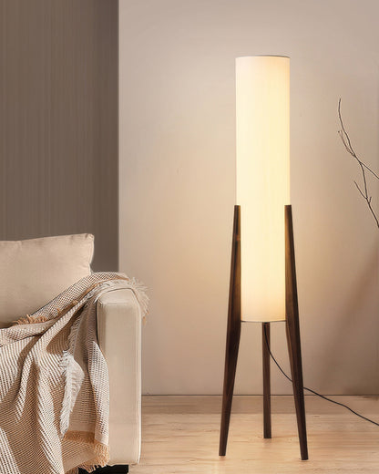 Walnut Floor Lamp with Fabric Shade and Warm Ambient Lighting