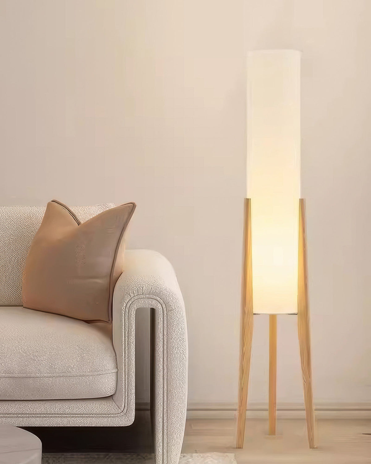 Walnut Floor Lamp with Fabric Shade and Warm Ambient Lighting