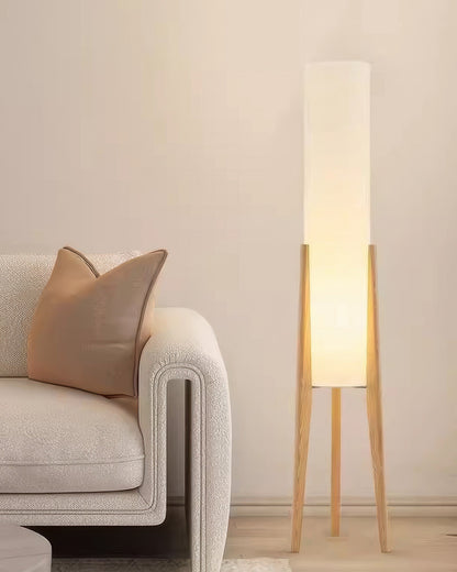 Walnut Floor Lamp with Fabric Shade and Warm Ambient Lighting