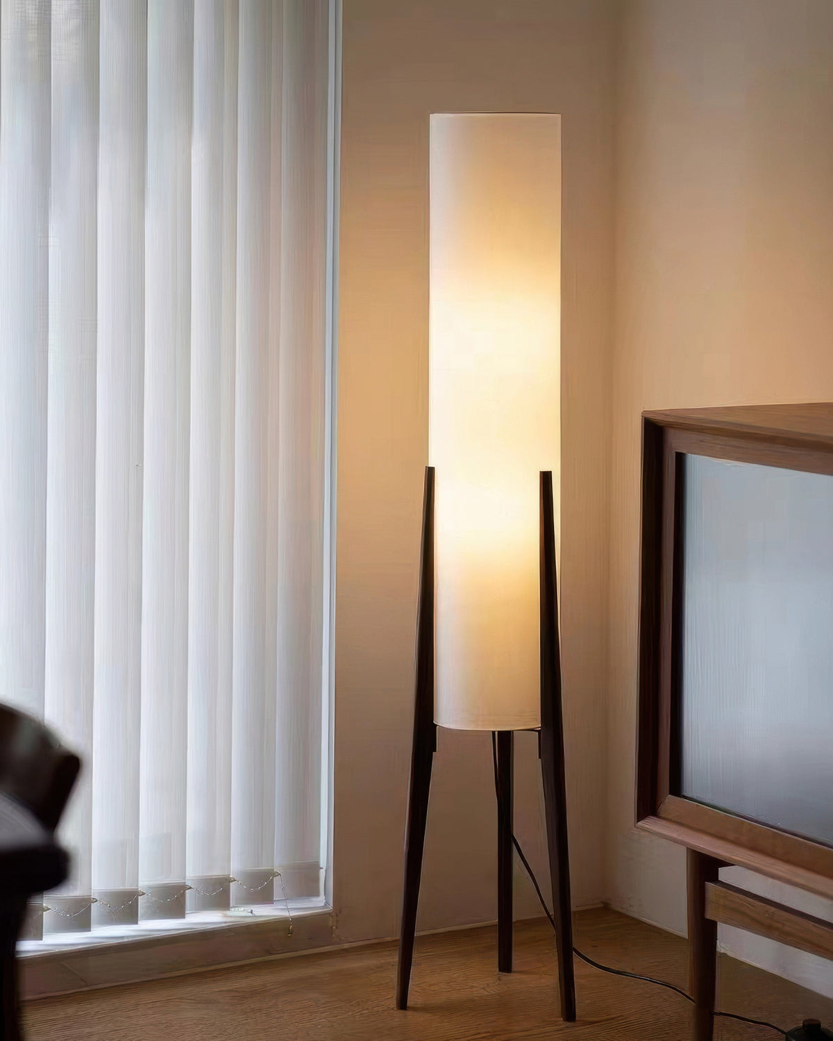 Walnut Floor Lamp with Fabric Shade and Warm Ambient Lighting