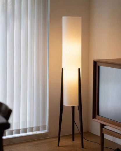 Walnut Floor Lamp with Fabric Shade and Warm Ambient Lighting
