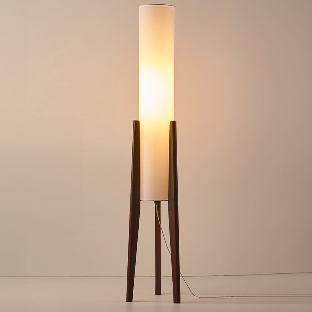Walnut Floor Lamp with Fabric Shade and Warm Ambient Lighting