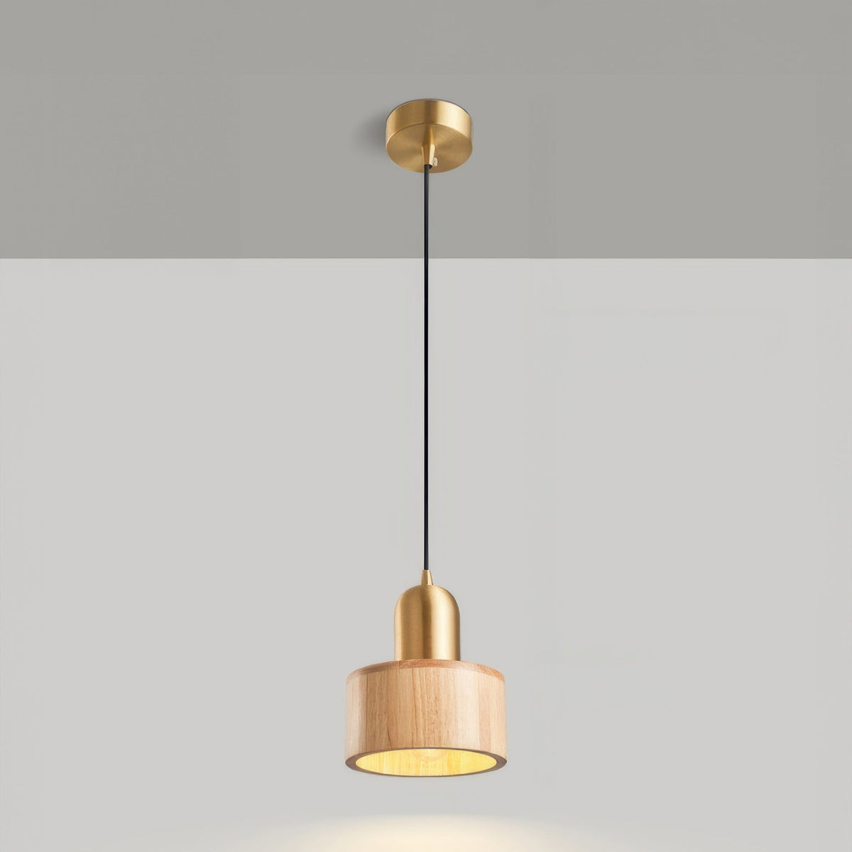 Walnut Wood and Brass Cylinder Pendant Light