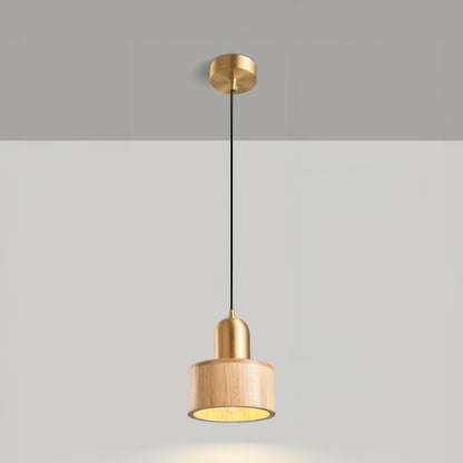 Walnut Wood and Brass Cylinder Pendant Light