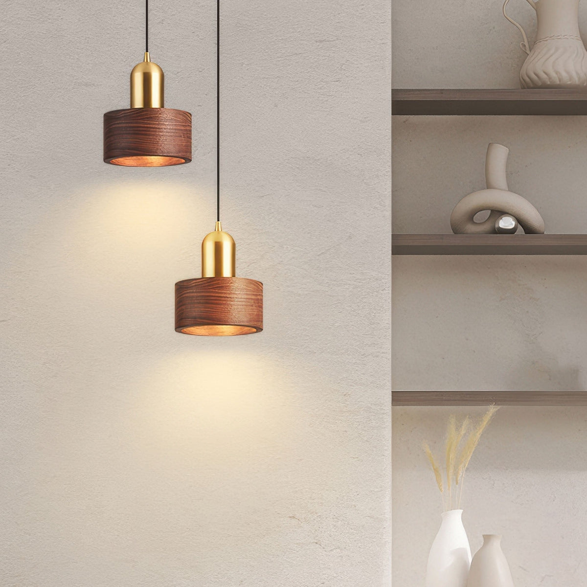Walnut Wood and Brass Cylinder Pendant Light