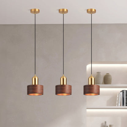 Walnut Wood and Brass Cylinder Pendant Light
