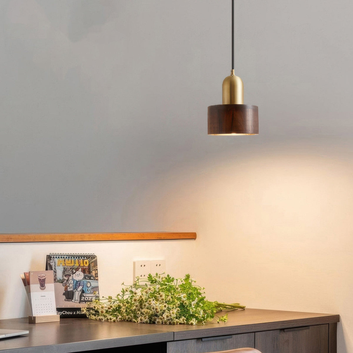 Walnut Wood and Brass Cylinder Pendant Light
