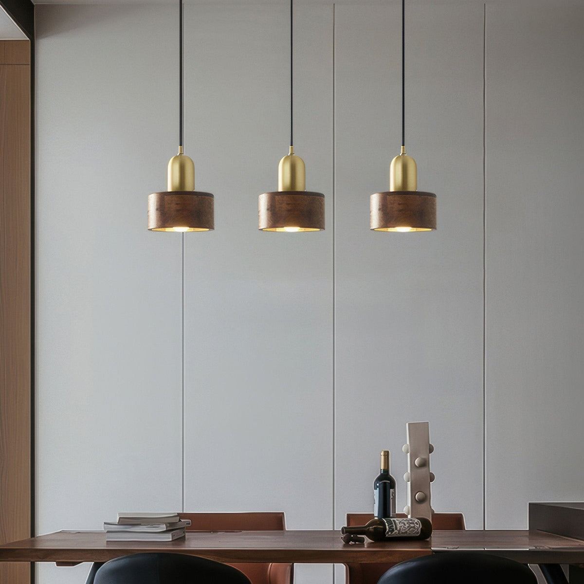 Walnut Wood and Brass Cylinder Pendant Light