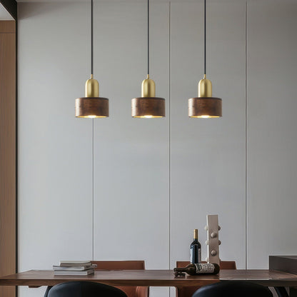 Walnut Wood and Brass Cylinder Pendant Light