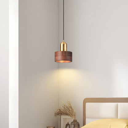 Walnut Wood and Brass Cylinder Pendant Light