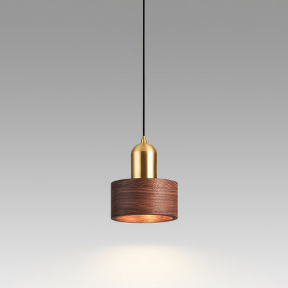 Walnut Wood and Brass Cylinder Pendant Light