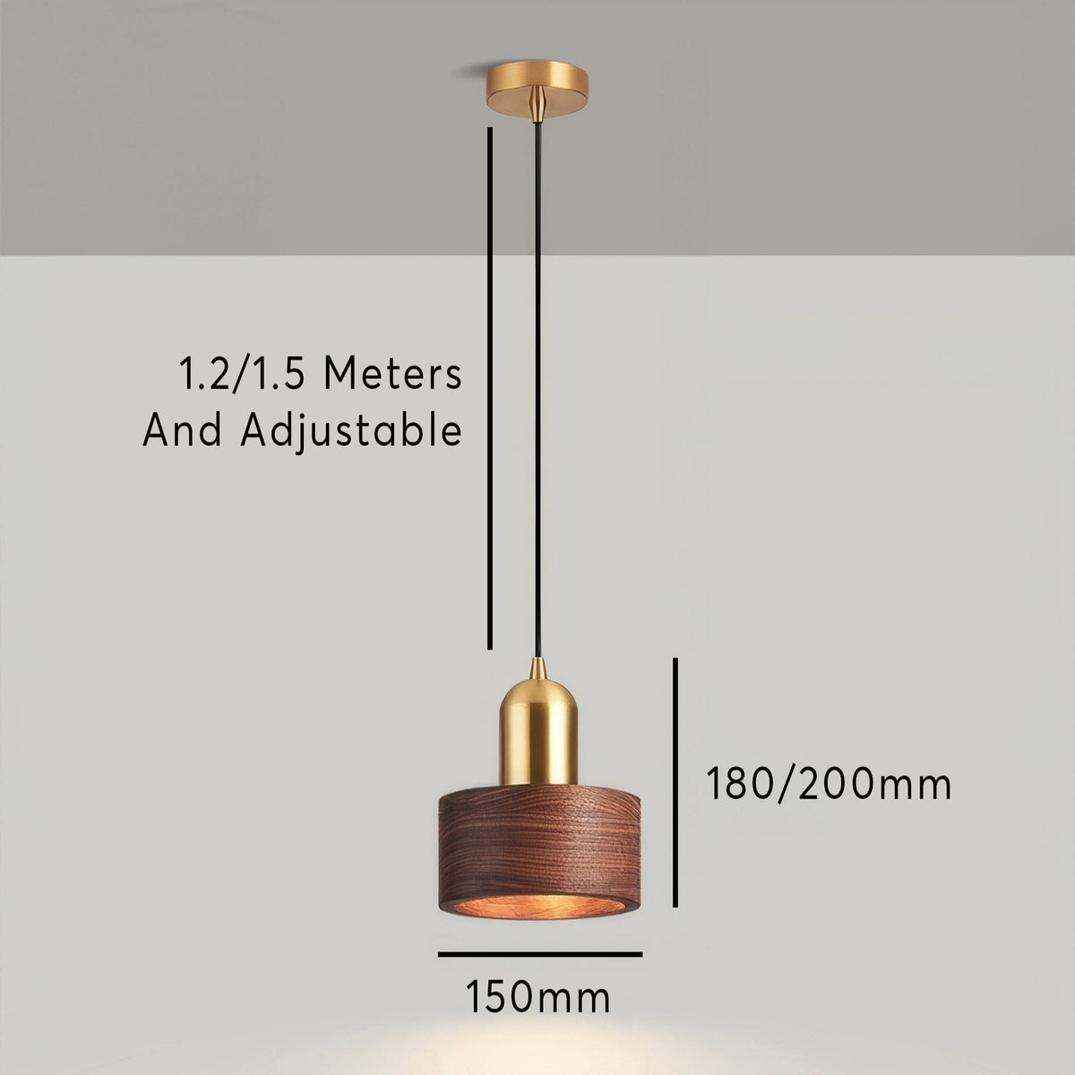 Walnut Wood and Brass Cylinder Pendant Light