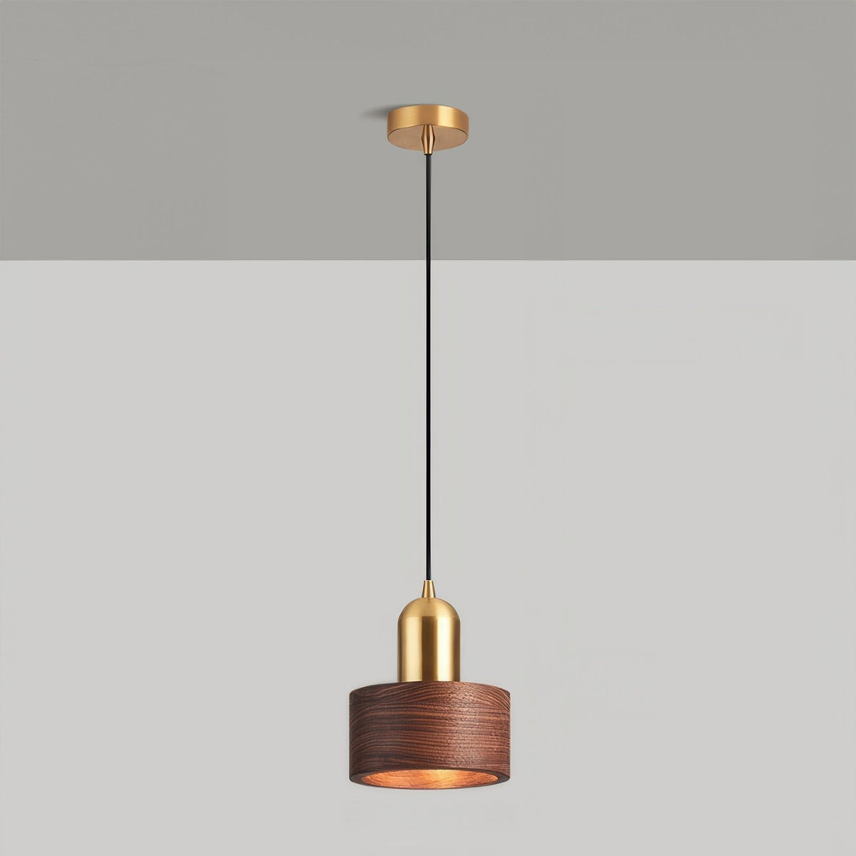 Walnut Wood and Brass Cylinder Pendant Light