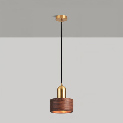 Walnut Wood and Brass Cylinder Pendant Light