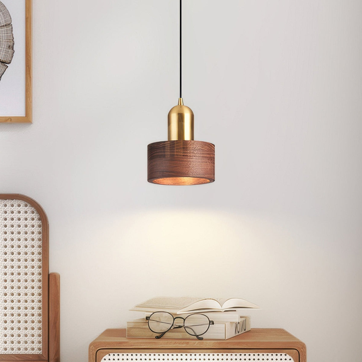 Walnut Wood and Brass Cylinder Pendant Light