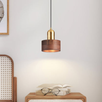 Walnut Wood and Brass Cylinder Pendant Light