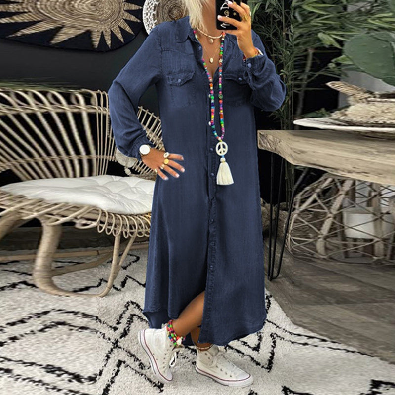 Women's Denim Maxi Shirt Dress with Ruffled Details and Long Sleeves