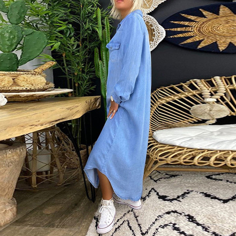 Women's Denim Maxi Shirt Dress with Ruffled Details and Long Sleeves