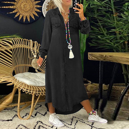 Women's Denim Maxi Shirt Dress with Ruffled Details and Long Sleeves