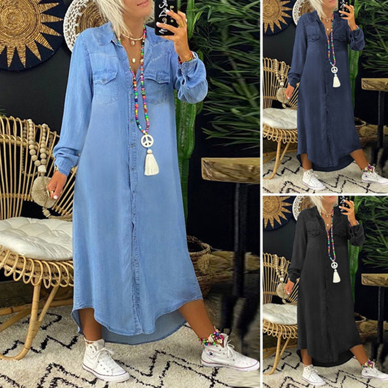 Women's Denim Maxi Shirt Dress with Ruffled Details and Long Sleeves