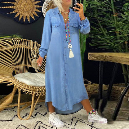 Women's Denim Maxi Shirt Dress with Ruffled Details and Long Sleeves