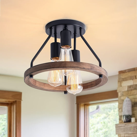 Wood Ring 3 Light Semi Flush Mount Ceiling Fixture