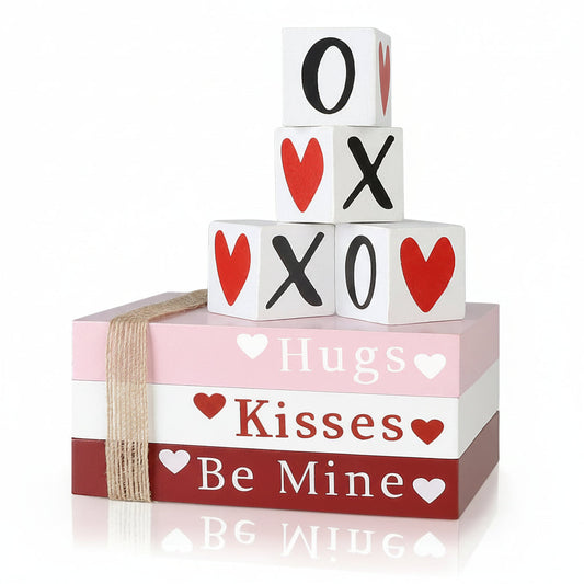 Wooden Valentine Book Stack and Heart Shelf Decor Set