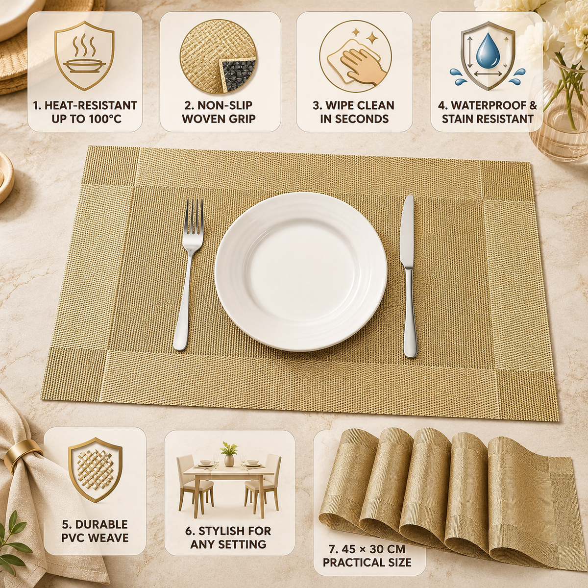Woven PVC Table Placemats with Heat Resistant Non Slip Design