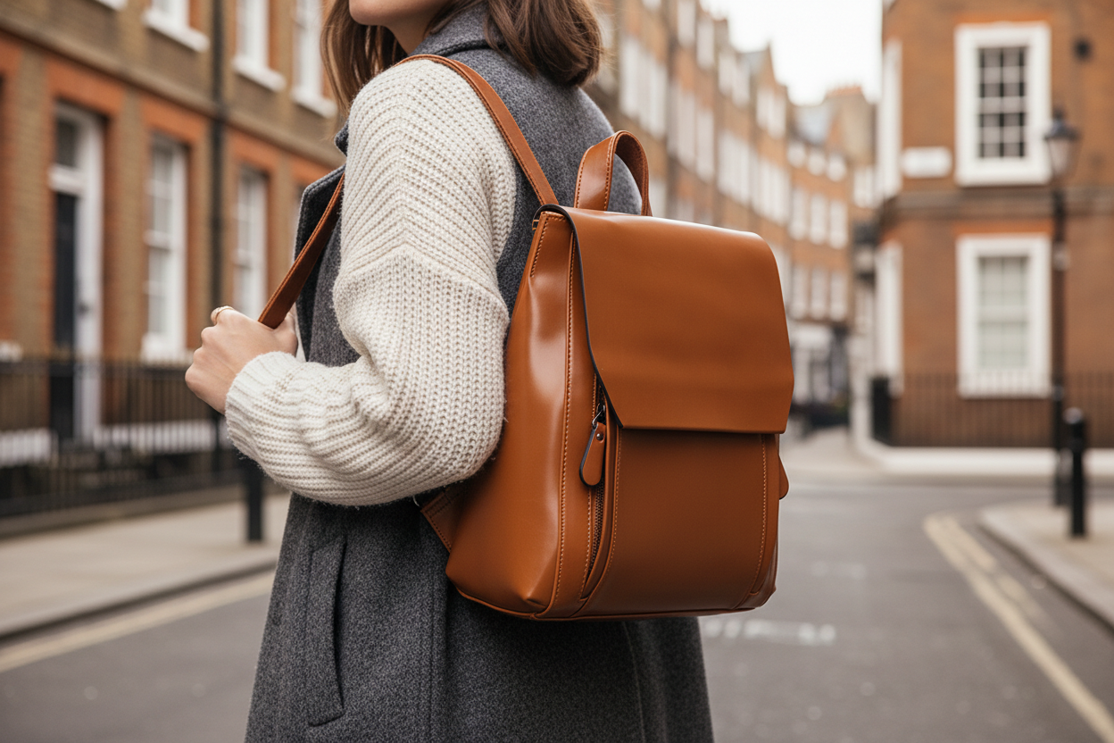 Close-up of woman carrying brown leather backpack on London street
